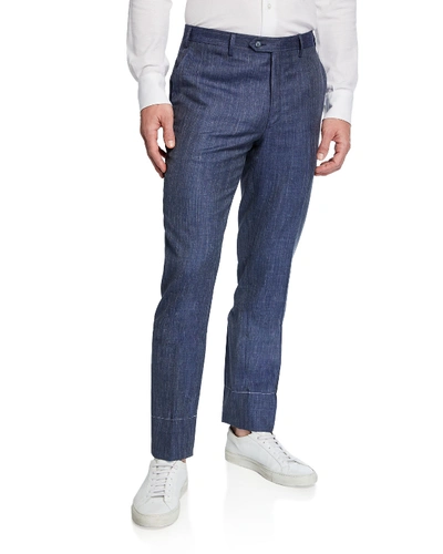 Brioni Men's Flat-front Wool/linen-blend Dress Pants In Navy