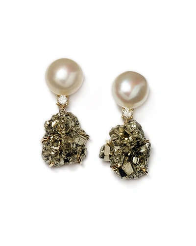 Jan Leslie 18k Bespoke One-of-a-kind Luxury 2-tier Earring With Pearl, Pyrite, And Diamond