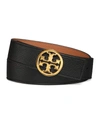 Tory Burch Reversible 1.5" Logo-buckle Belt In Black/tan/gold