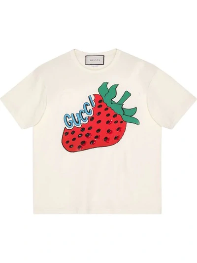 Gucci Oversize Cotton T-shirt With Strawberry In White