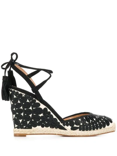 Aquazzura Fez 85 Natural Canvas Black Embroidered Espadrilles