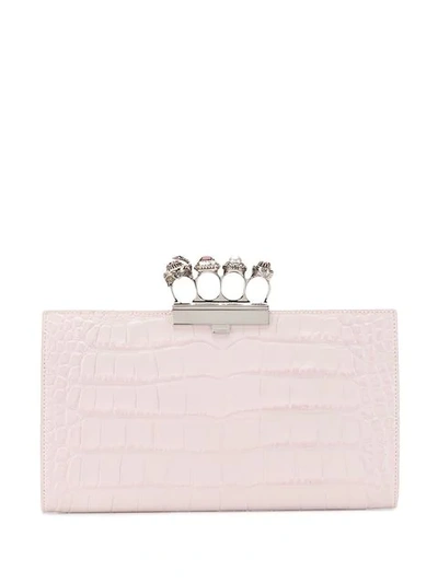 Alexander Mcqueen Four-ring Knuckle Clasp Croc Embossed Leather Clutch - Pink
