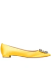 Manolo Blahnik Hangisi Crystal-embellished Satin Point-toe Flats In Yellow