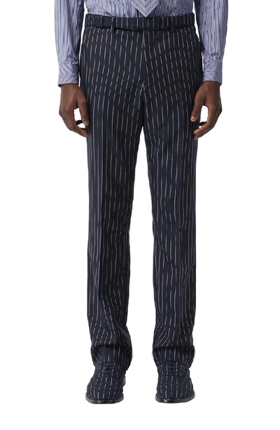 Burberry Pinstripe Straight Leg Wool Dress Pants In Blue