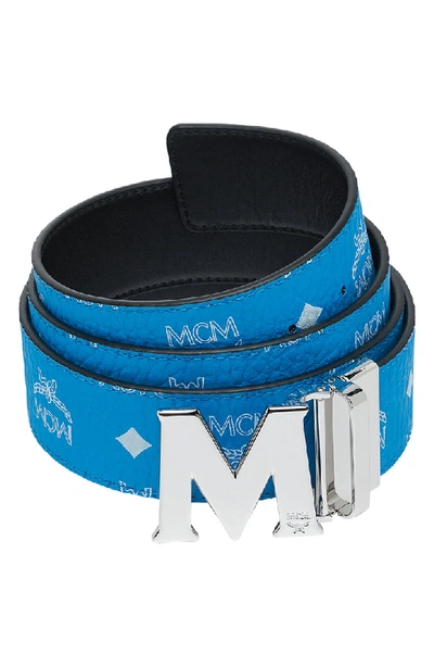 Mcm Men's Visetos Reversible M-buckle Monogram Belt In White Logo T. Blue