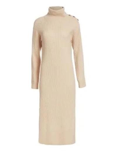 See By Chloé Ribbed Turtleneck Maxi Dress With Buttons In Beige Rose