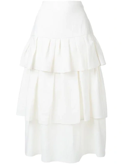Theory Tiered Ruffle Linen Midi Skirt In White