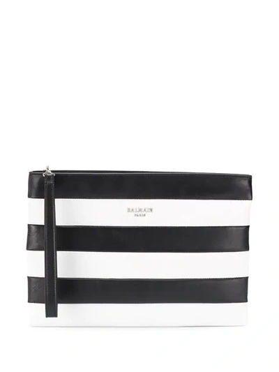 Balmain Mariniere Stripe Leather Clutch In Black