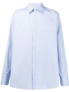Valentino Blue Striped Cotton Ruffle Shirt In Blue