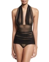 NORMA KAMALI BILL RUCHED-MESH HALTER MAILLOT SWIMSUIT,PROD143450089