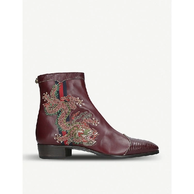 Gucci Plata Embroidered Leather Ankle Boots In Blue
