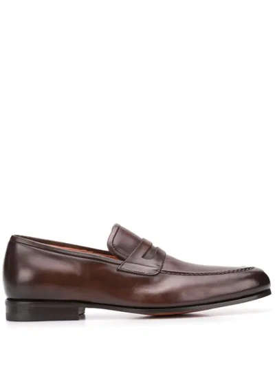 Santoni Felipe Pebbled Leather Penny Loafers In Brown