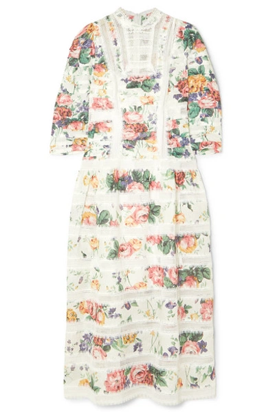 Zimmermann Allia Pintucked Lace-paneled Floral-print Linen Midi Dress In White