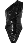 SAINT LAURENT ONE-SHOULDER CUTOUT SEQUINED SILK-BLEND BODYSUIT