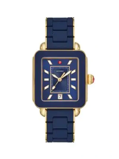 Michele Watches Deco Sport Two-tone Blue Wrapped Silicone & Goldplated Sterling Silver Bracelet Watch In Navy