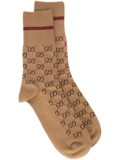 Gucci Gg Cotton Socks With Web In Brown