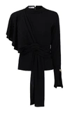 AMAL AL MULLA BLACK STRETCH RIB KNITTED SHAWL TOP WITH PREHNITE STONE,748228