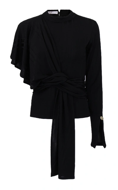 Amal Al Mulla Black Stretch Rib Knitted Shawl Top With Prehnite Stone