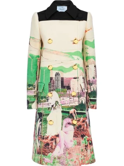 Prada Double-breasted Printed Crepe Coat In Green