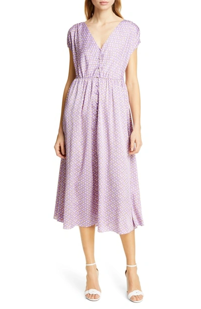 Kate Spade Geo Dot-printed Short-sleeve Satin Midi Dress In Painted Pansy