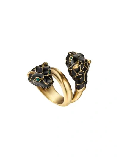 Gucci Tiger Head Ring With Black Enamel In Black ,gold