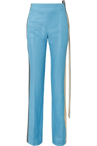 Haider Ackermann Satin-trimmed Linen And Silk-blend Straight-leg Trousers In Blue