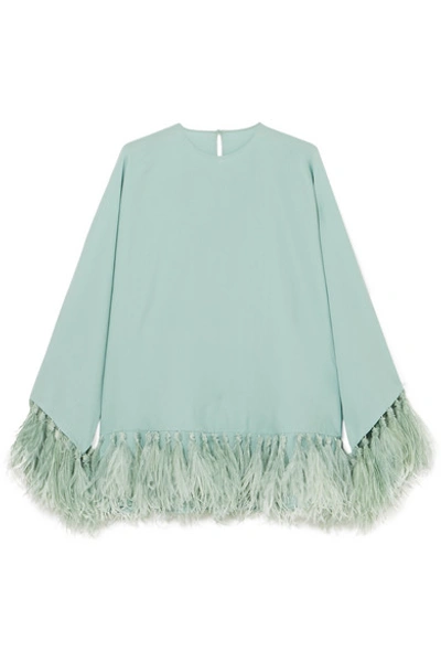 Valentino Long-sleeve Georgette Feather Hem Blouse In Light Green
