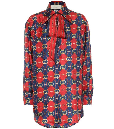 Gucci Gg Waves Print Silk Twill Bow Blouse In Multi