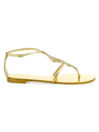 Giuseppe Zanotti Josie Flat Swarovski Crystal Metallic Leather Thong Sandals In Gold