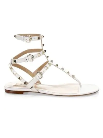 Valentino Garavani Rockstud Ankle-strap Leather Thong Sandals In White