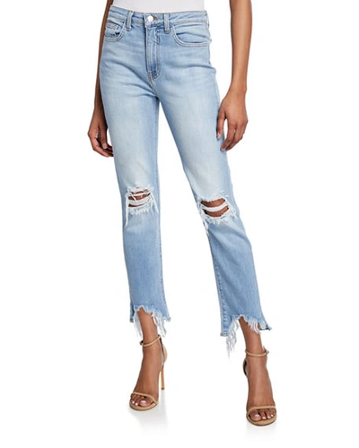 L Agence Luna Chain-embellished Distressed High-rise Straight-leg Jeans In Light/pastel Blue