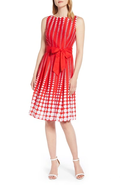 Anne Klein Octagon Print Fit & Flare Cotton Dress In Poppy/ White