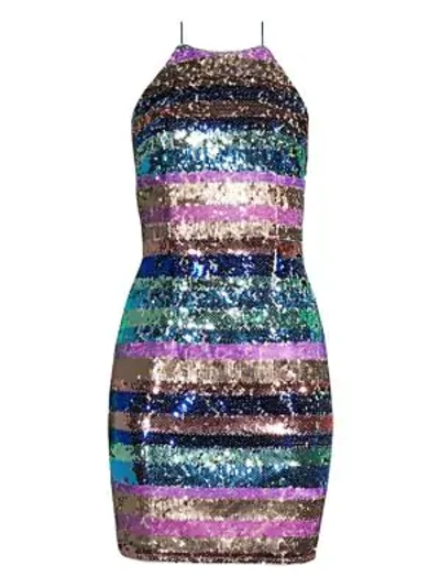 Aidan Mattox Sequin Stripe Halter Dress In Blue/teal/pink