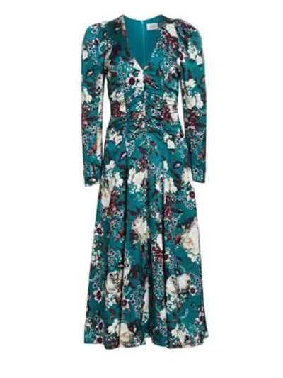 Erdem Annalee Ruched Bodice Puff Shoulder Floral Midi Dress In Teal White