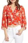 Astr Floral Pleated Sleeve Wrap Blouse In Red/ Peach Floral