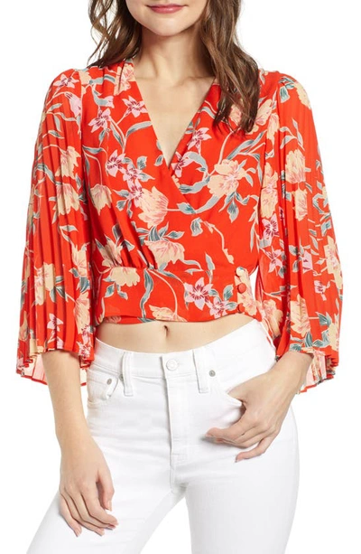 Astr Floral Pleated Sleeve Wrap Blouse In Red/ Peach Floral
