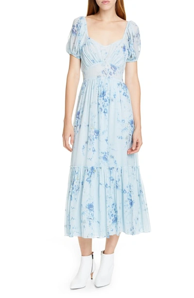 Loveshackfancy Angie Floral-print Square-neck Short-sleeve Maxi Dress In Light Blue