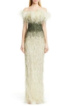 PAMELLA ROLAND OFF THE SHOULDER FEATHER & SEQUIN COLUMN GOWN,PF19-5531-13