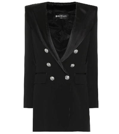Balmain Hooded Satin Long Jacket In Black