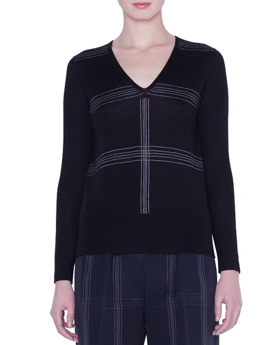Akris V-neck Cashmere-silk Check-intarsia Sweater In Black