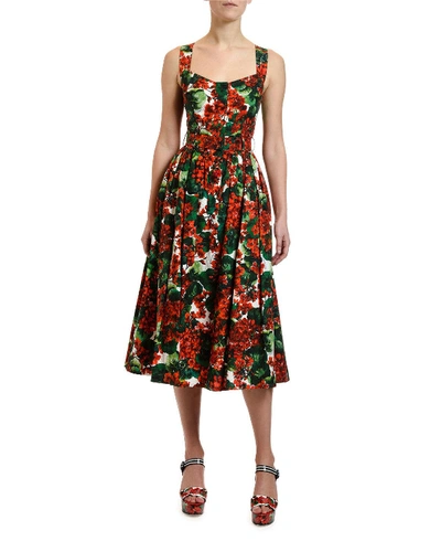 Dolce & Gabbana Pleated Floral-print Cotton-blend Poplin Midi Dress In Red