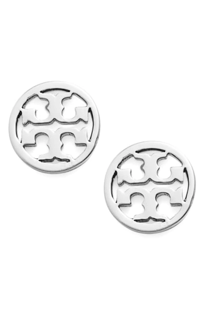 Tory Burch Logo Circle Stud Earrings In Silver