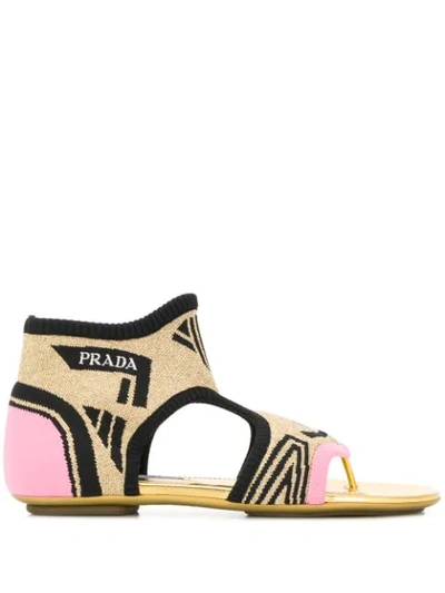 Prada Thong Knit Flat Sandals In Gold/pink/blk