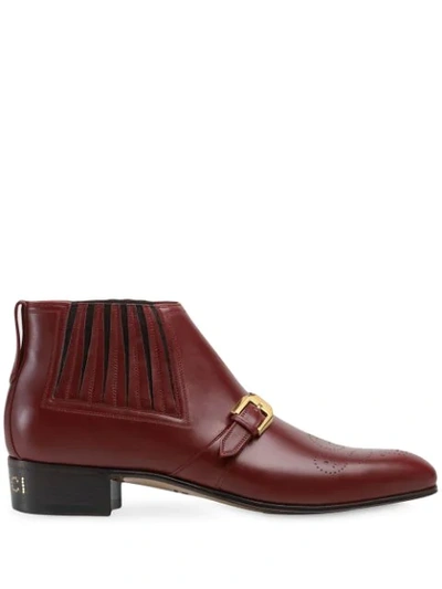 Gucci Men's Leather Ankle Boot With G Brogue In Red Bordeaux