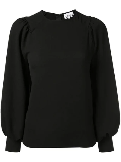 Ganni Gathered Balloon-sleeved Crepe Blouse In Black