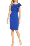 Eliza J Asymmetric Draped Ruffle Sheath Dress In Cobalt