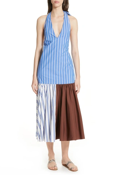 Tibi Vivian Striped Cotton-blend Poplin Halterneck Midi Dress In Blue White