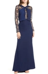 TADASHI SHOJI EMBROIDERED MESH & CREPE LONG SLEEVE GOWN,AUL19378L