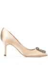 Manolo Blahnik 70mm Hangisi Swarovski Silk Satin Pumps In Champagne