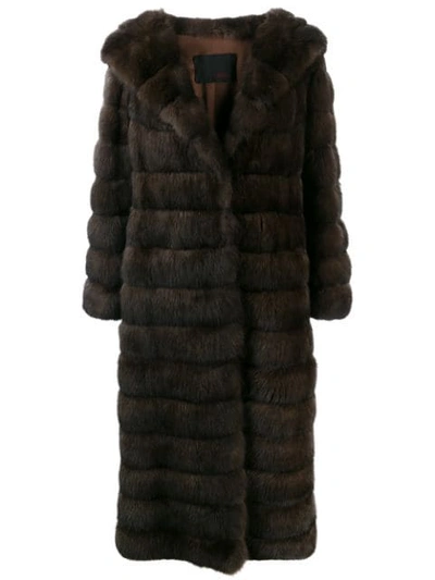 Liska Long Fur Coat With Wide Lapels In Brown